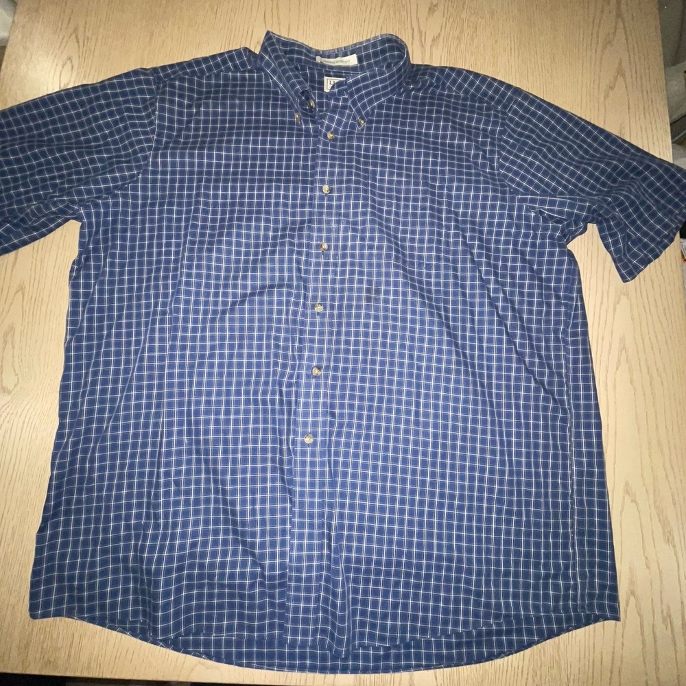 L.L. Bean Men’s 2XL Regular Wrinkle Resistant Dress Shirt Blue White Check SS